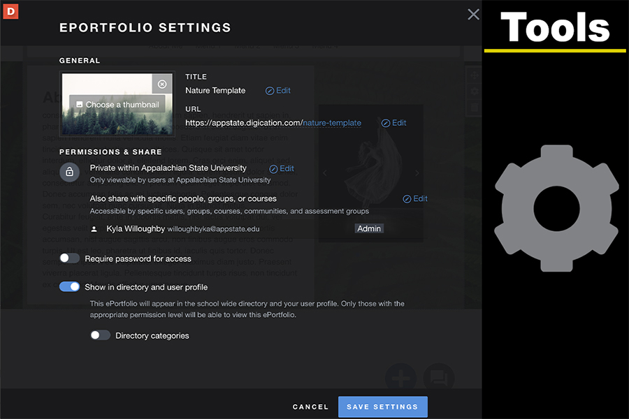 ePortfolio settings screen with editable title, URL, privacy options, sharing controls, and save button.