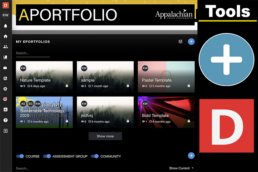 Aportfolio dashboard showing a grid of existing ePortfolios with search bar, filter options, and tools menu.