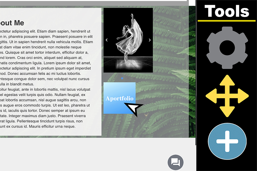 Aportfolio editor showing how to insert and customize clickable buttons.