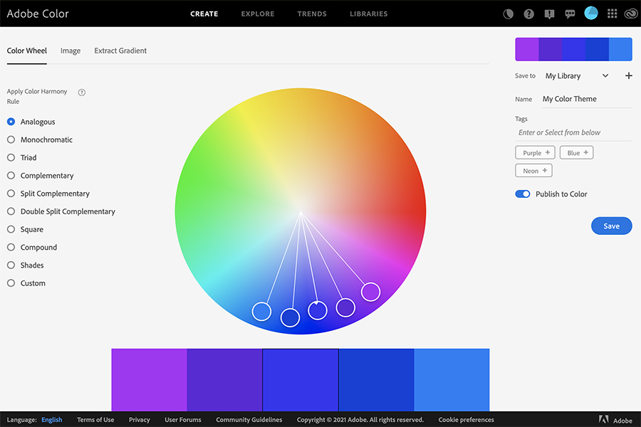 Adobe Color interface displaying color wheel and generated color palettes.