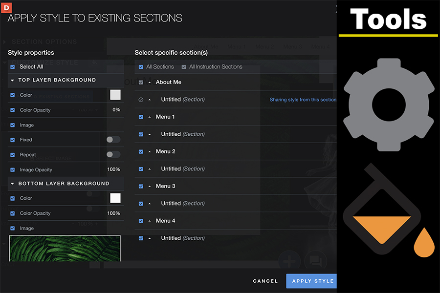 Aportfolio style settings panel with options to apply styles across pages.