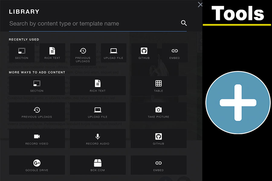 Screenshot of the Aportfolio editor showing content add options such as text, images, and embedded media.