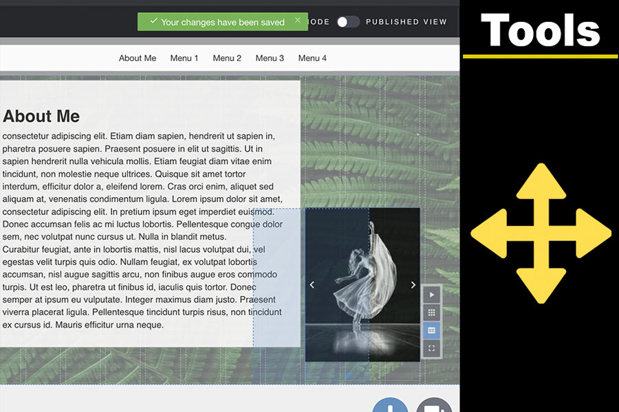 Screenshot showing content selected within an ePortfolio page with resize handles and drag controls visible.