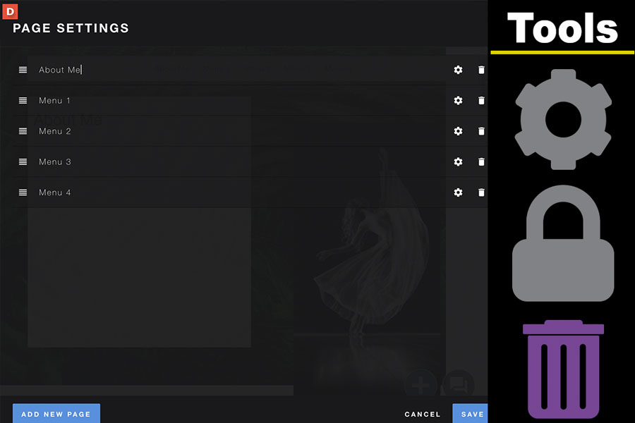 Screenshot of an Aportfolio navigation menu in edit mode with menu editing icons displayed.