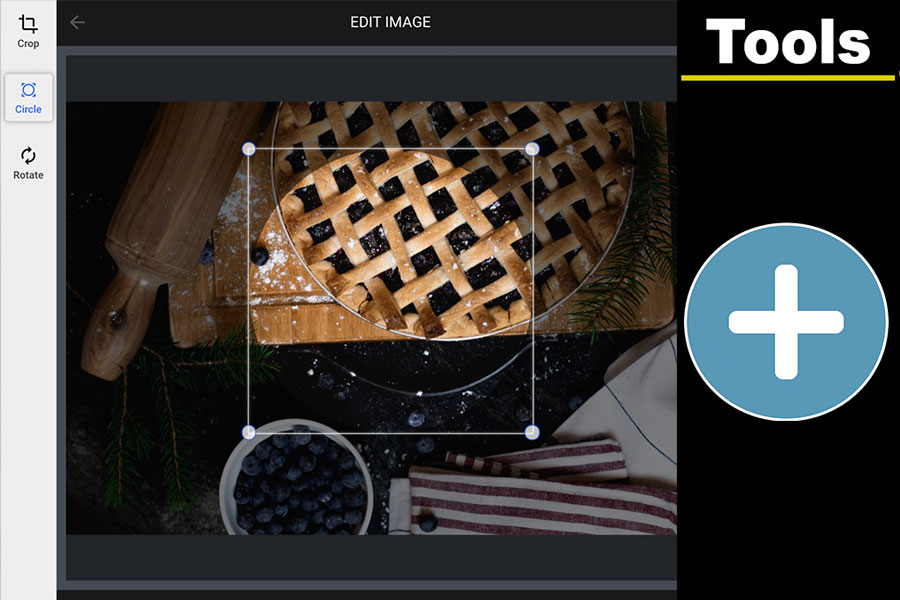 Screenshot of image editing tools showing options to upload, crop, rotate, and apply a circular shape to an image.