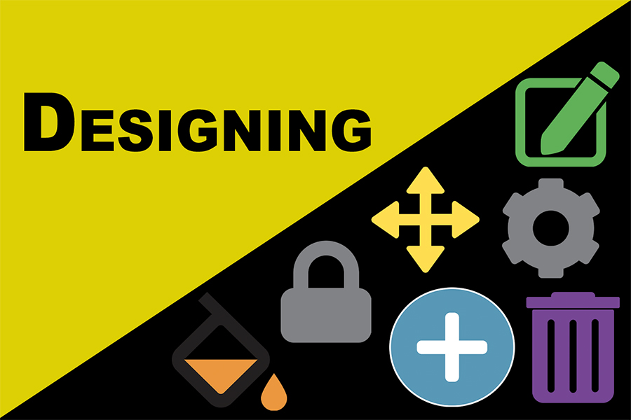 Designing graphic with icons for editing, movement, settings, lock, paint, add symbol, and delete.