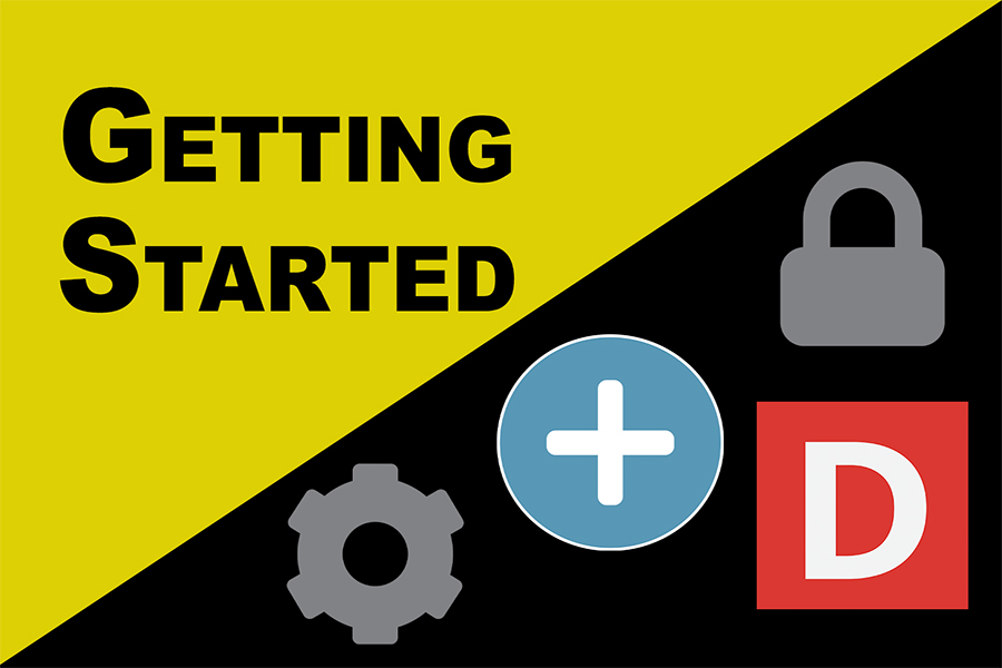 Getting Started graphic with icons for settings, add symbol, lock, and a red D logo.