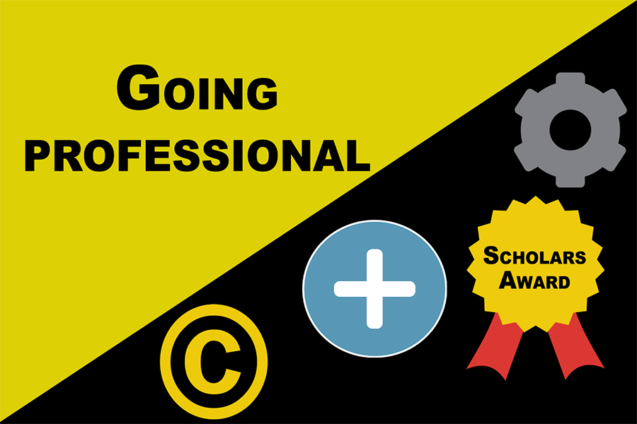 Graphic showing ‘Going Professional’ with icons for copyright, settings, plus sign, and Scholars Award.