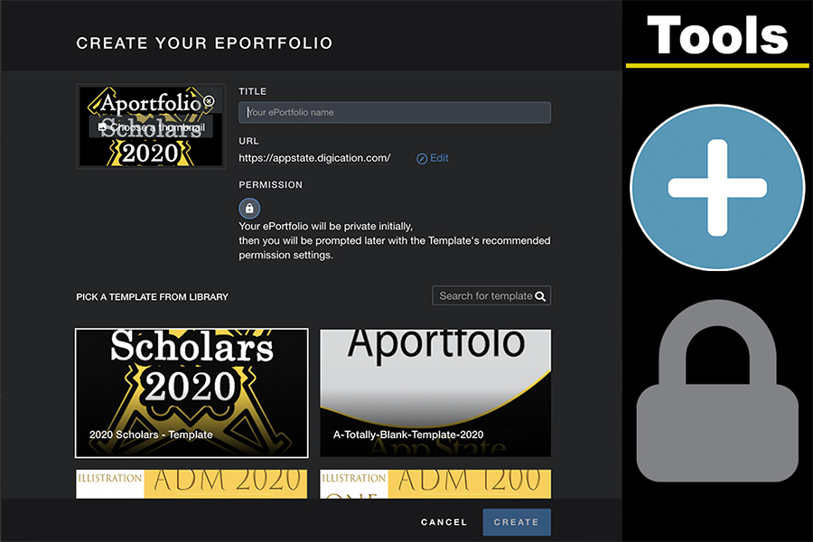 Create ePortfolio window with fields for title and URL, permission settings, and template options to select.