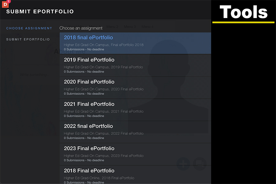 Submit ePortfolio screen showing a list of available assignments to choose for submission.