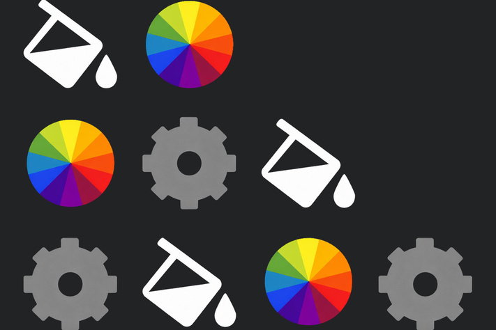 Clean vector pattern of paint buckets, color wheels, and gears on a dark gradient background.