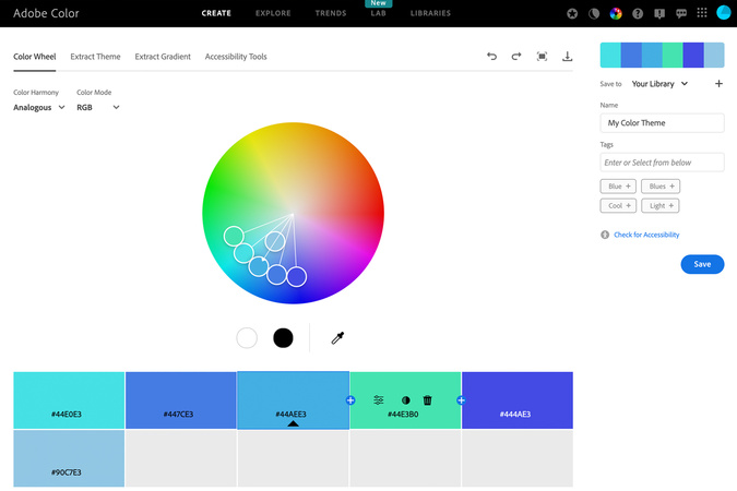 Adobe Color homepage showing access point to the color wheel tool.