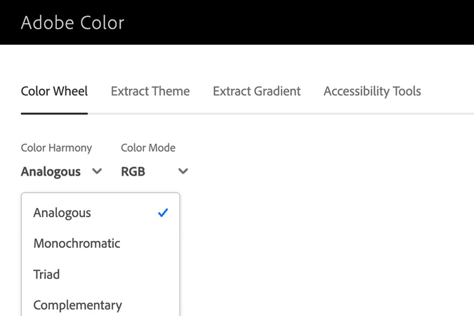Adobe Color wheel interface displaying multiple color harmony options.
