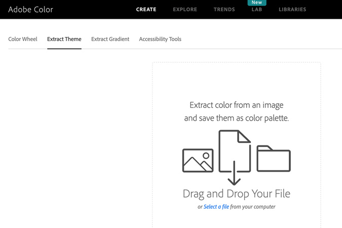 Adobe Color interface highlighting the Extract Theme option next to the Color Wheel.