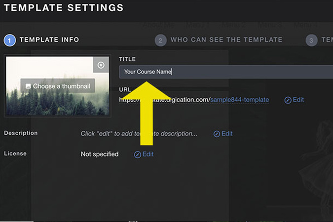Template setup page showing editable template name field for course title.