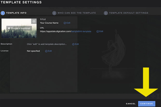 Template naming screen with blue Continue button highlighted at bottom right.