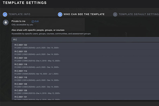 Course search results showing selected course listed under sharing options.