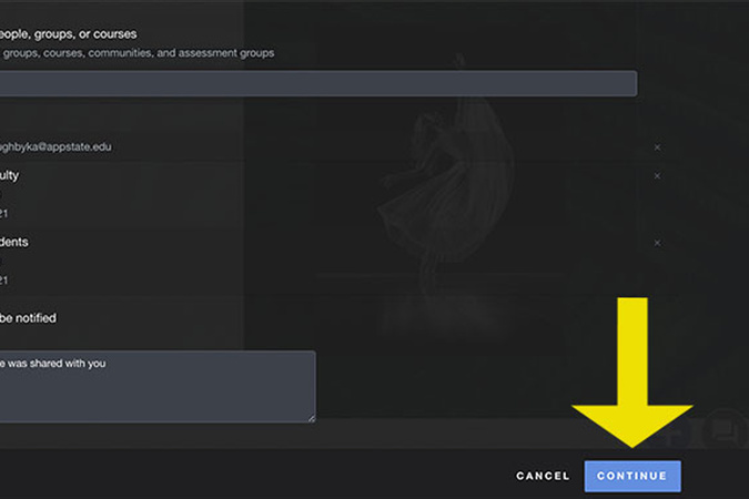 Sharing confirmation screen with selected courses and Continue button visible.