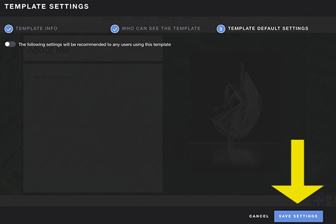 Final template settings page with Save Settings button highlighted.