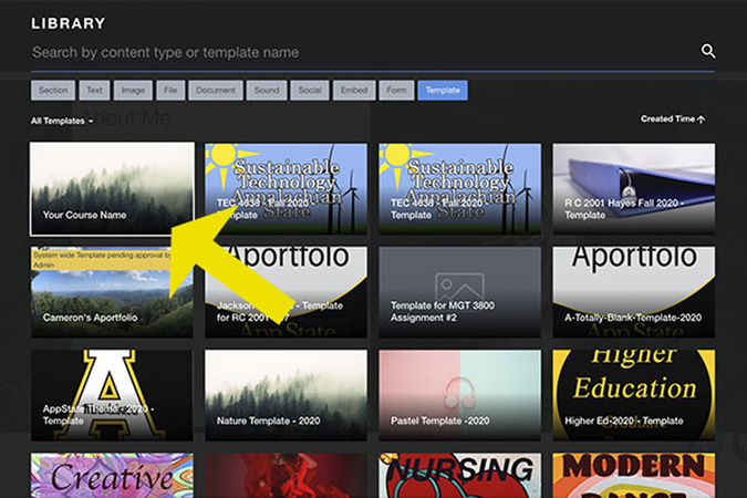 Aportfolio Library view displaying saved course template available to students.