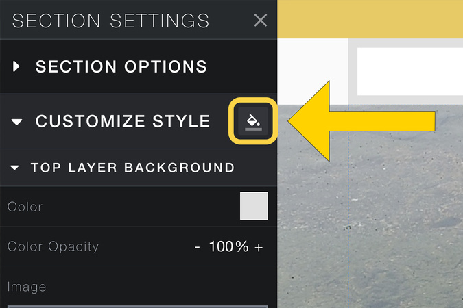 Slide settings menu highlighting the Customize Style paint bucket icon for backgrounds.