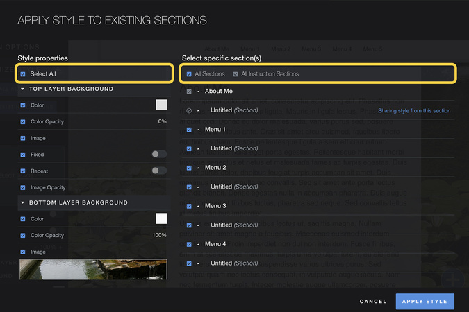 Style Properties panel with multiple settings selected and All Sections option enabled.