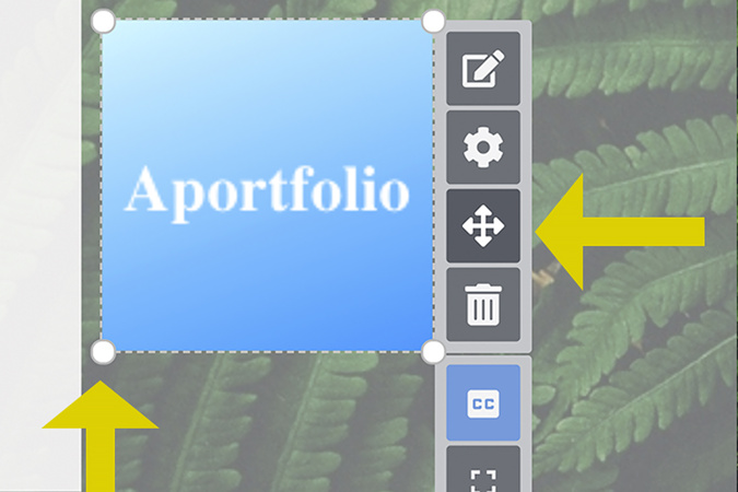 Button image on page with resize handles and move icon visible for positioning.