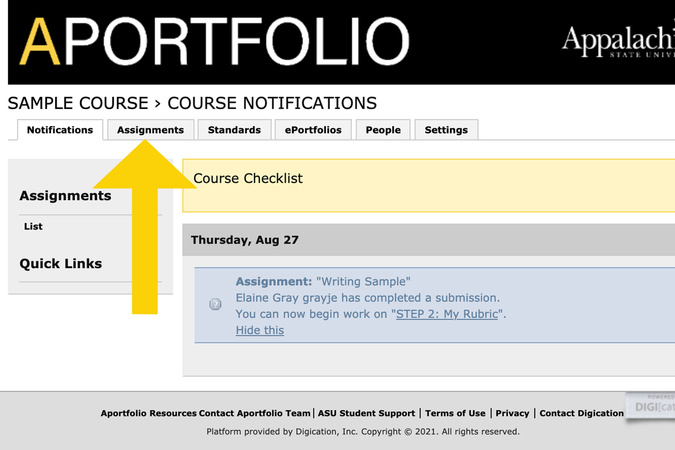 Course navigation with the Assignments tab selected to view student submissions.