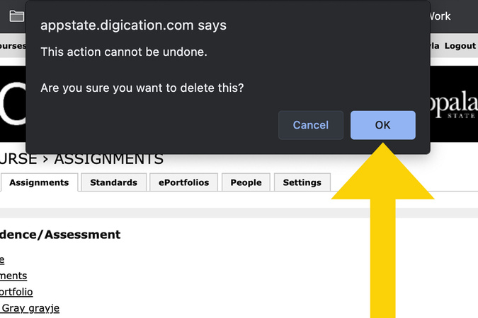 Confirmation dialog asking to verify deletion of the selected student submission.