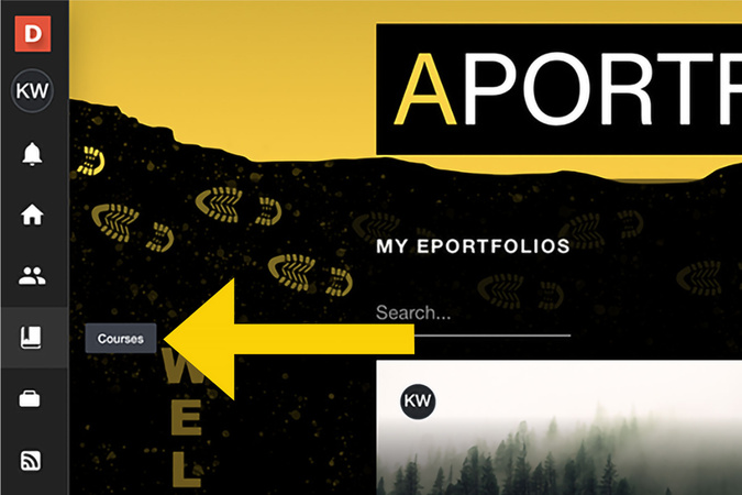 Aportfolio dashboard showing the Courses tab selected to access course content.