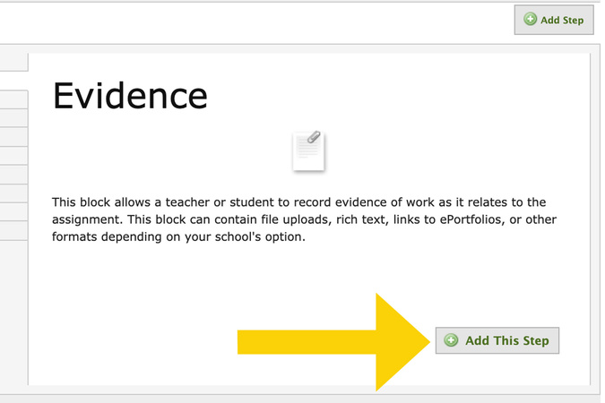 Add This Step button selected to attach the Evidence step to the assignment.