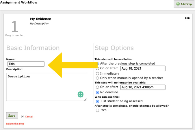 Evidence settings showing fields for entering a title and optional description.