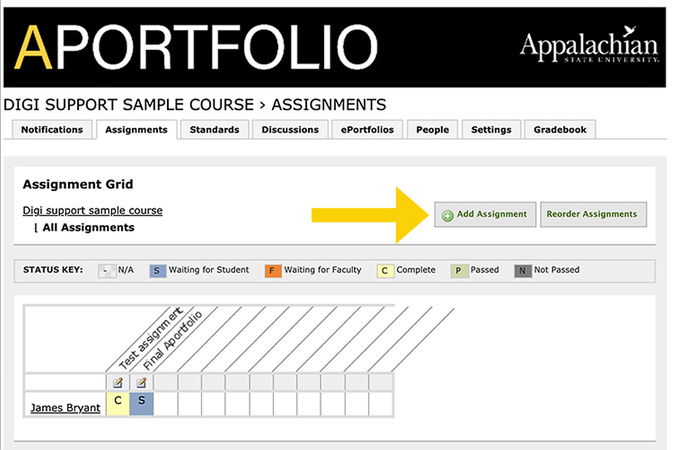 Assignments page listing existing assignments with an option to add a new assignment.
