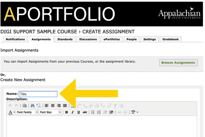 New assignment form with the title field selected for entering an assignment name.