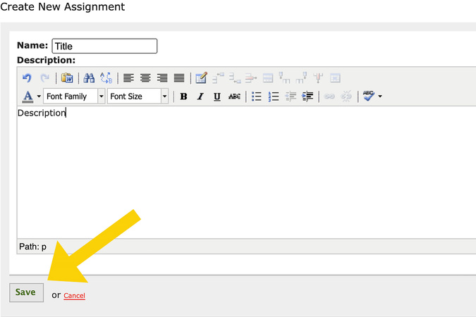 Save button activated to create the assignment using the entered title and description.