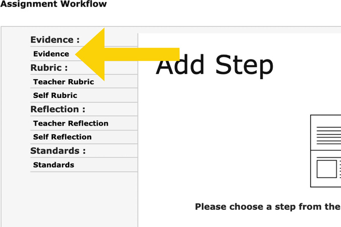 Add Step menu with Evidence option selected to allow student submissions.
