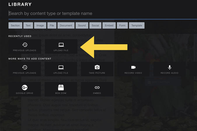 Gallery menu with Upload File option selected to add multiple media items.