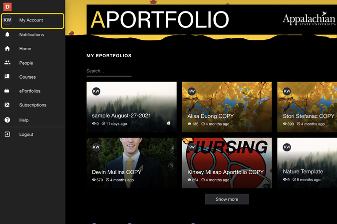 Dropdown panel with My Account selected in the Aportfolio navigation menu.