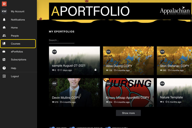 Navigation with Courses selected to view featured courses.