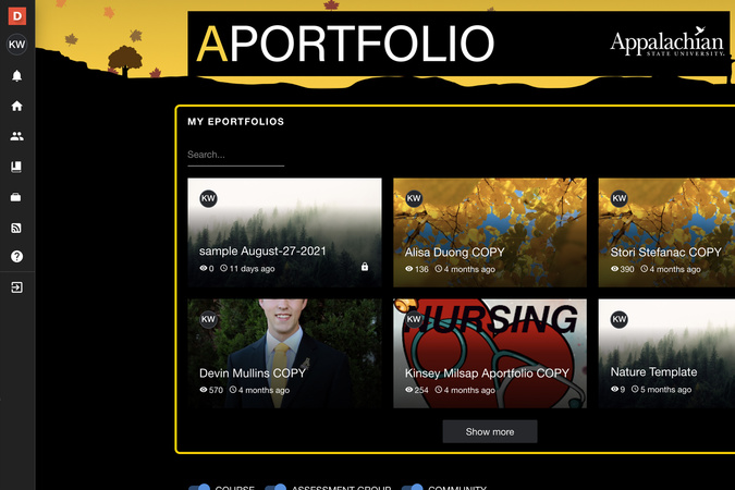 Aportfolio dashboard highlighting the blue plus button used to create a new ePortfolio.