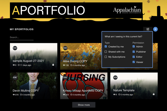 My ePortfolios section empty because the ‘Created by me’ filter is turned off.