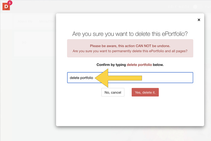 Delete confirmation screen requiring typed phrase ‘delete portfolio’ in lowercase.