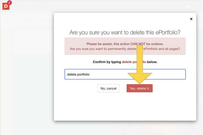 Final delete confirmation dialog showing the Yes, delete it button selected.