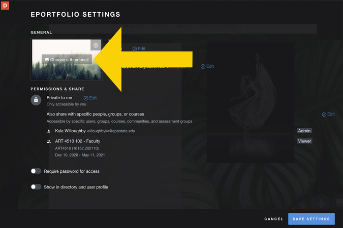 Settings page displaying the Directory Icon preview with Choose a Thumbnail option.