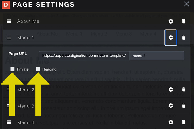 Screenshot of the options to mark a page as Private or Header.