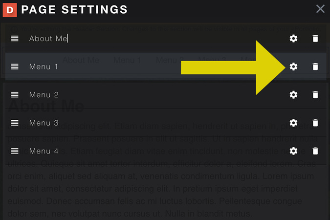 Screenshot highlighting the settings icon for making a page private or a header.