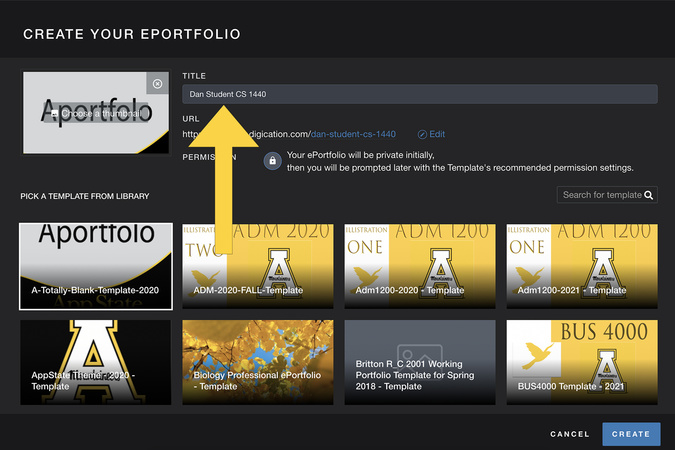 Screenshot of the ePortfolio setup screen highlighting the field where the user enters a unique title for the new ePortfolio.
