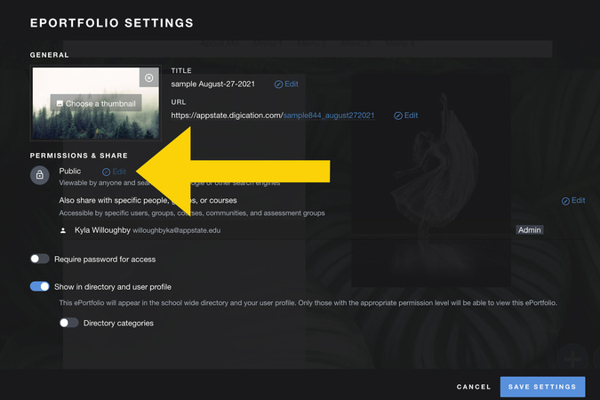 Privacy settings panel showing the Public permission with the Edit option selected.