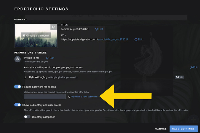 Password field available to add a password for protecting access to the portfolio.