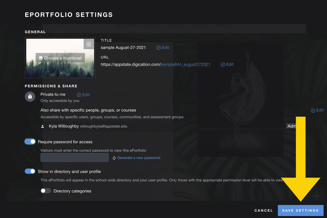Save Settings button selected to apply visibility and password changes.